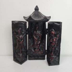 Buddhist Temple Round Spirit Carved Wood Travel Shrine Hinged Doors.